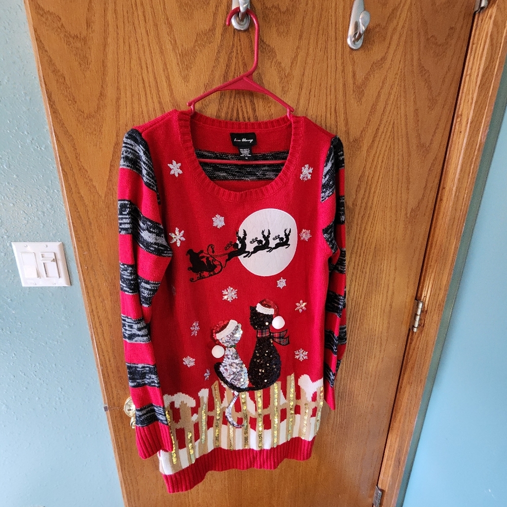 Festive Red Holiday Sweater With Cats On Front. Never Worn Xl
